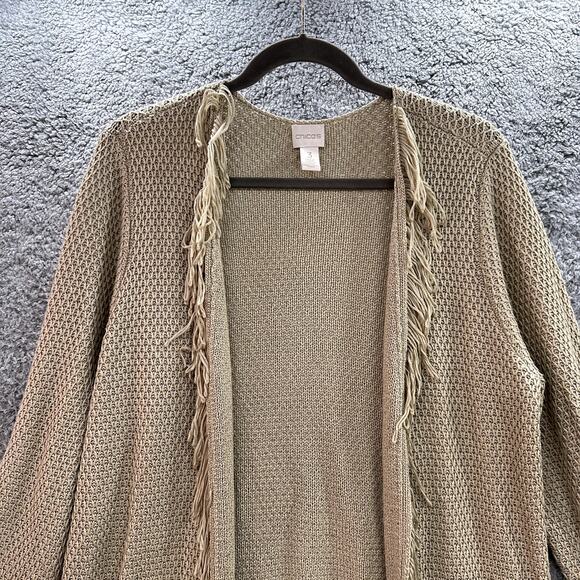 Chico's Size 3 Beige Knit Open Front Cardigan Ruffle in Front Two Pockets Cozy - Picture 2 of 9